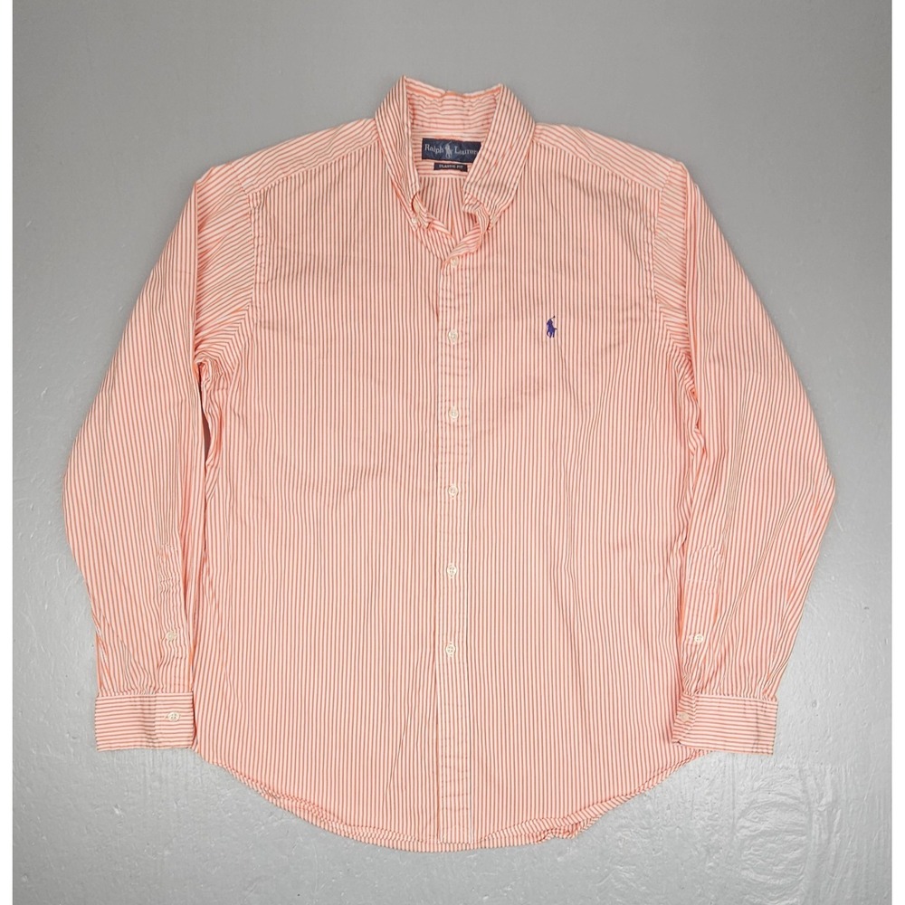 Vintage Ralph Lauren Button Down Shirt Mens Large Classic Fit Orange Striped